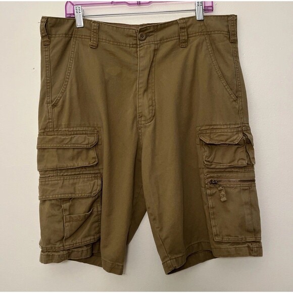 OP Men's Y2K Long Cargo Shorts, Khaki, Gorpcore Utility Tactical- Size 36 - Picture 1 of 9